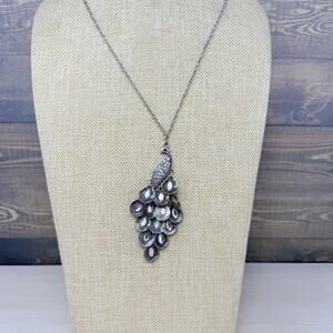 Peacock Pave Rhinestone Silver Tone Pendant Necklace